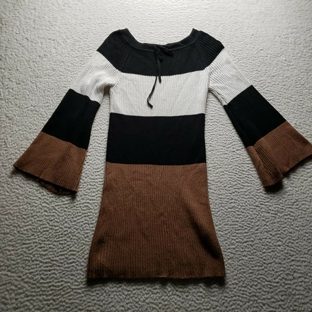 SheIn Dress Womens M Brown Black Stripe Long Bell Sleeve Boat Neck Sweater Dress